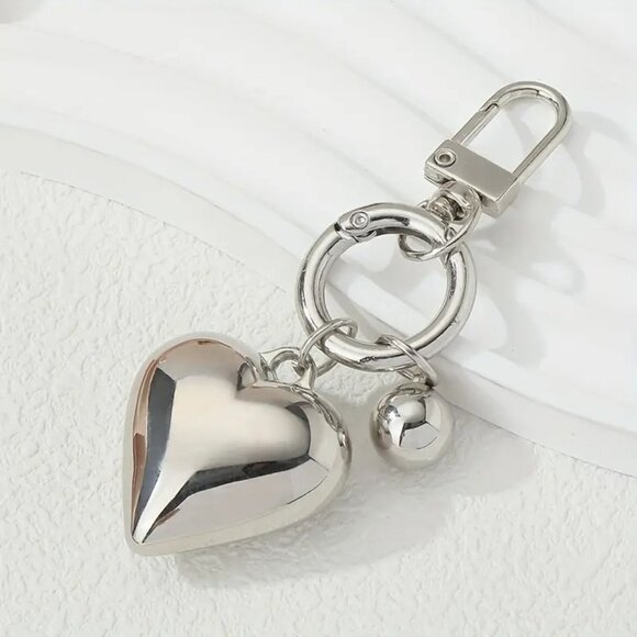 Large Silver Heart Charm Keychain with Ball – 3.15" Bag Clip Purse Pendant Gift - Picture 6 of 6